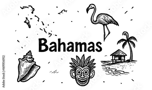 Tropical bahamas icons with flamingo, conch, and palm in vintage style