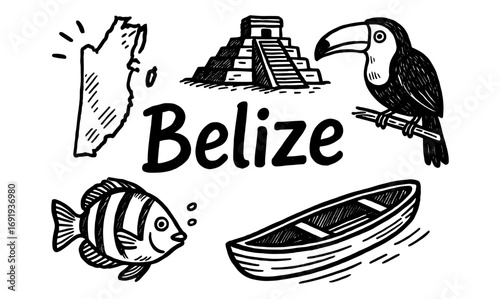 Belize doodle set with mayan pyramid, toucan, fish, and canoe