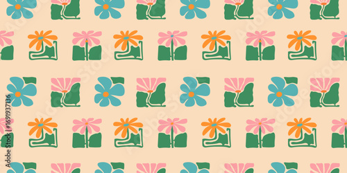 Colorful floral seamless pattern illustration. Vintage style flower frame background design. Geometric natural wallpaper print, spring season nature backdrop texture with flowers.