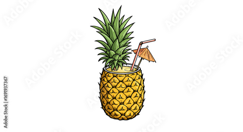 Pineapple Drink in Pineapple Cup with Straw and Umbrella.
