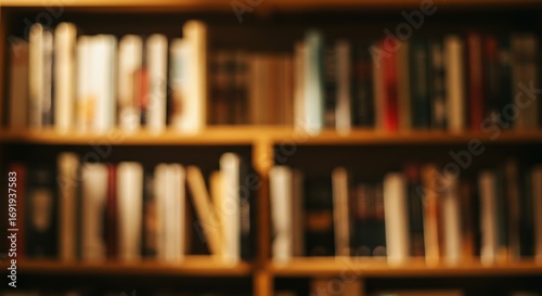 Blurred image of a wooden bookshelf filled with old books