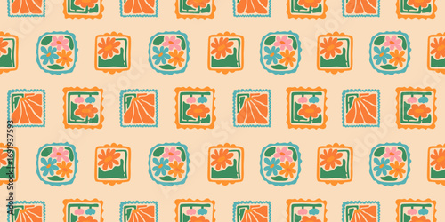 Colorful floral seamless pattern illustration. Vintage style flower frame background design. Geometric natural wallpaper print, spring season nature backdrop texture with flowers.