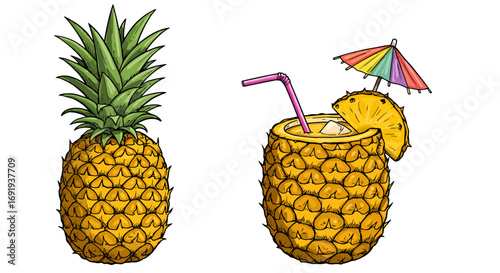 Pineapple whole and as a tropical drink.