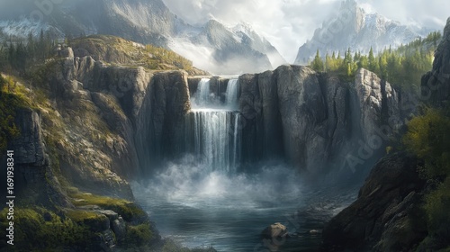 Majestic waterfall cascading down rugged mountain cliffs.