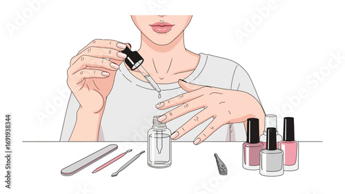 Close up illustration of a woman applying cuticle oil to her fingernails with a dropper surrounded by manicure tools and nail polish bottles
