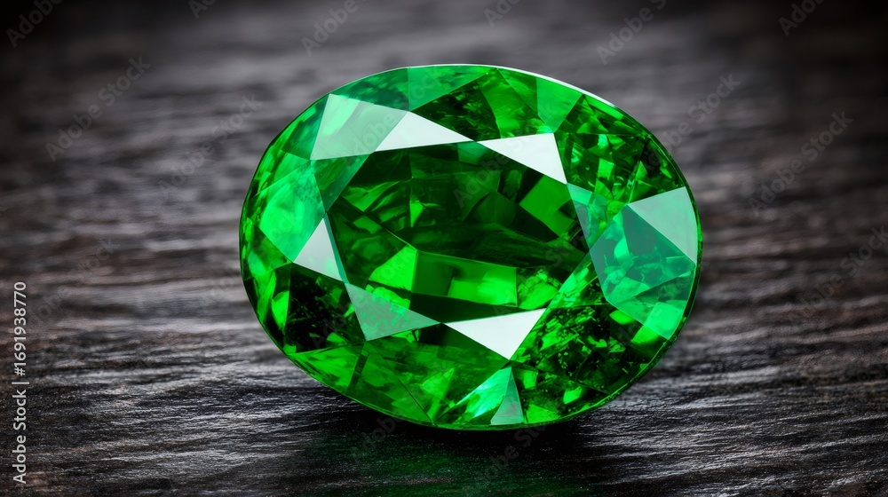 Fototapeta premium Large emerald gemstone shining on dark wooden background