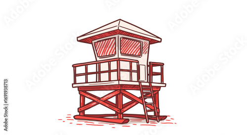 Red and white lifeguard tower on stilts.