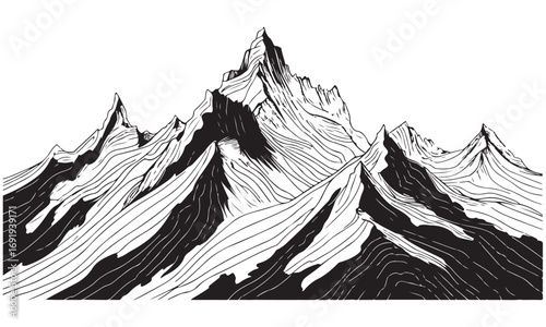 Vector illustration of a mountain range in black and white.