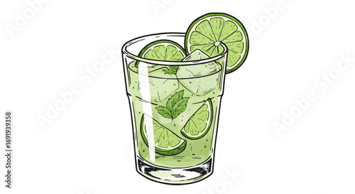 Refreshing lime drink in a tall glass with ice 1.