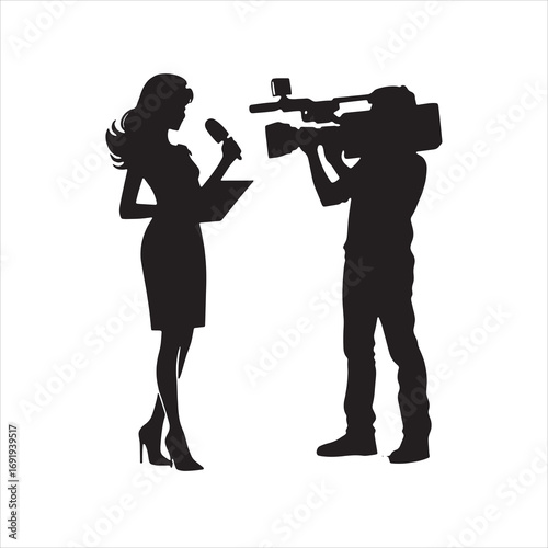  Silhouette News Reporter Delivering Speech for Television Broadcasting Program Media