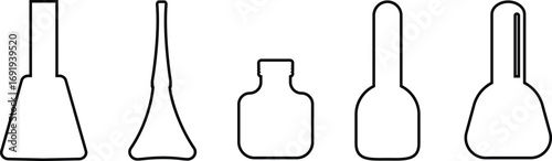 Nail polish bottle icon set in black silhouette and line outline style, beauty cosmetic container group, minimal vector collection for manicure, pedicure, and salon design