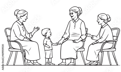 Three grandmothers with a child in an outline style vector illustration