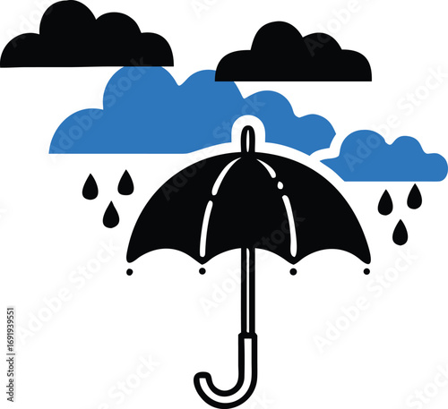 Black and blue illustration of an umbrella under dark clouds and rain on a white background raining weather  EPS vector file download 