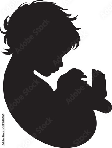 The image is a black silhouette of a fetus curled up in a womb-like shape, its head slightly turned, suggesting a peaceful and protective environment.