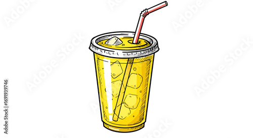 Refreshing Yellow Beverage in Plastic Cup with Straw.