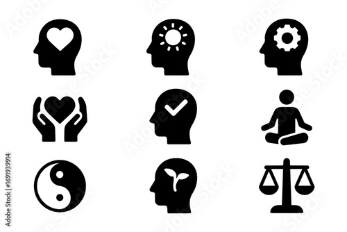 Mindfulness and wellness icons in silhouette style