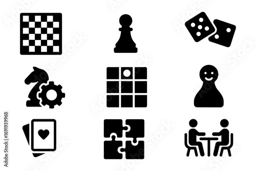 Classic game symbols: chess, dice, puzzle, playing cards icons set