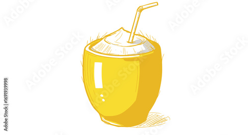 Refreshing Yellow Coconut Drink with Whipped Cream.