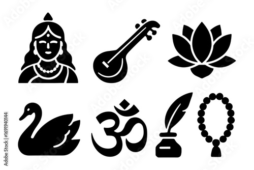 Indian cultural icons set: goddess, veena, lotus, swan, om, writing tools, prayer beads