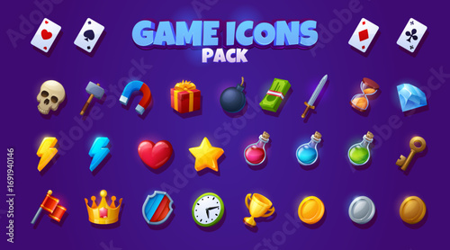 Game icons with signs of key, playing cards, money