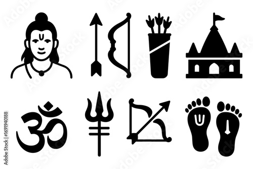 Icons of ancient indian heritage and spirituality in simple black style
