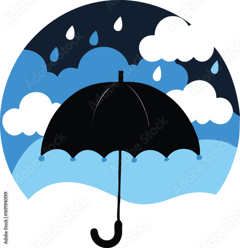 Stylized circular illustration of a black umbrella with blue clouds and rain drops against a dark blue sky EPS vector file download 