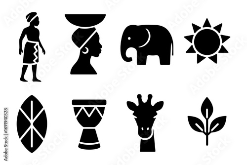 African culture icons set: traditional elements and nature in silhouette style