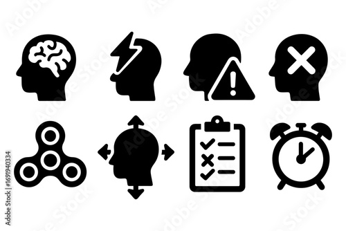 Mental health icons set: brain, alert, checklist, spinner, clock silhouettes
