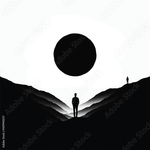 Two solitary figures stand on opposite hillsides, silhouetted against a stark black circle suspended in a white cloud-like formation above a valley, creating a dramatic and minimalist scene.