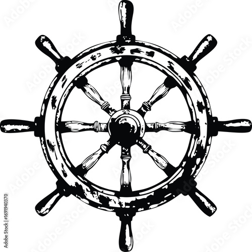 Vintage Wooden Ship's Wheel Nautical Symbol Illustration on White Background ship wheel steering wheel EPS vector file download 