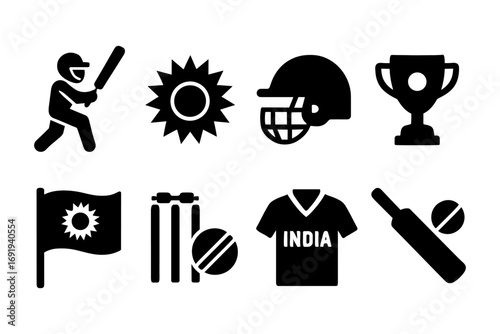 Cricket icons set featuring batter, trophy, equipment, and flag in bold silhouette style
