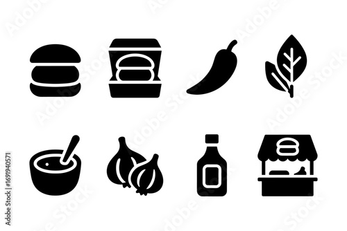Silhouette icons of fast food elements: burgers, peppers, onions, and market stalls