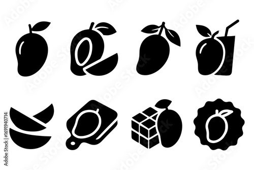 Mango icons set: simple black silhouettes for food and drink themes