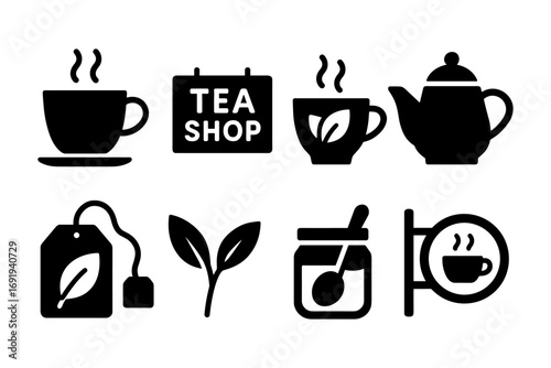 Black tea icons set for cafe signs and menu designs
