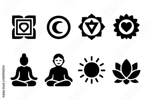 Minimalist yoga and meditation icons with chakra symbols