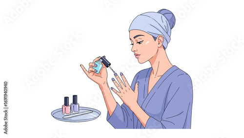 Young woman with a towel wrapped around her head applying nail polish to her fingernails with a brush and bottle of polish
