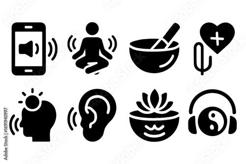 Meditation and mindfulness icons: sound, wellness, and balance symbols
