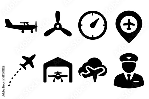Silhouette icons: aviation and air travel elements for design projects