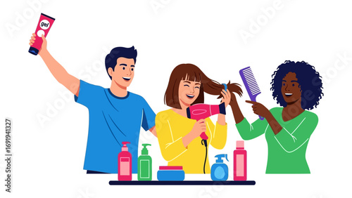 Diverse group of happy people enjoying a fun hair styling session with products and tools in a bright clean setting