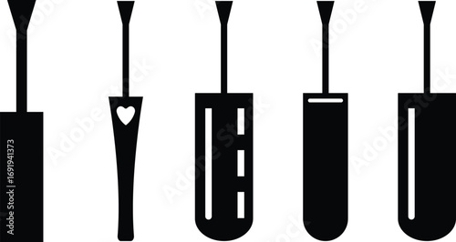 Nail polish brush icon set in black flat silhouette outline style, beauty cosmetic applicator group collection for manicure and pedicure, minimal vector illustration design