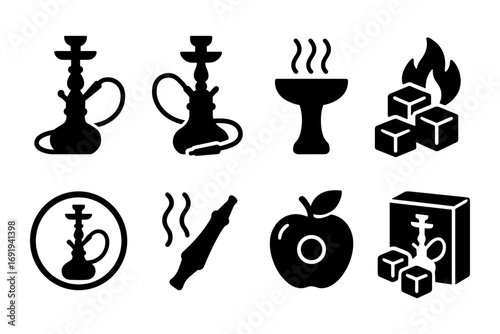 Set of hookah icons: silhouettes of pipes, coals, and accessories