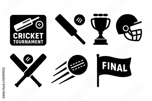 Cricket tournament icons: bat, ball, trophy, helmet, flag in bold silhouette style