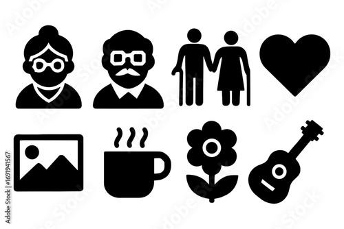 Elderly care and lifestyle icons in bold black silhouette style
