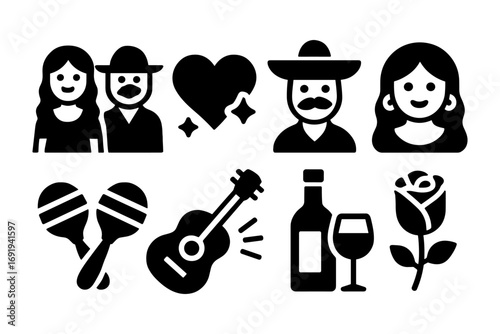 Traditional mexican icons set with characters and cultural symbols in bold silhouette style