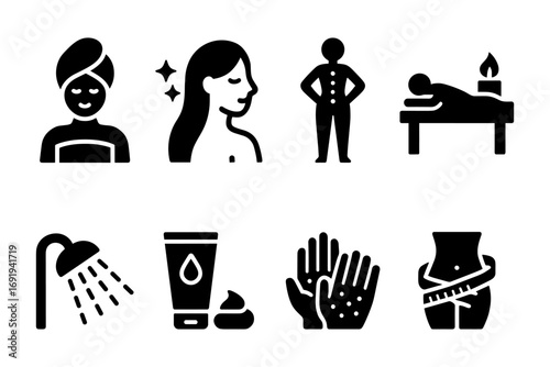 Wellness and spa icons set: silhouette symbols for relaxation and self-care