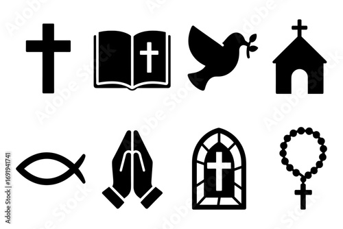 Christian symbols set: cross, bible, dove, church, fish, praying hands, stained glass, rosary