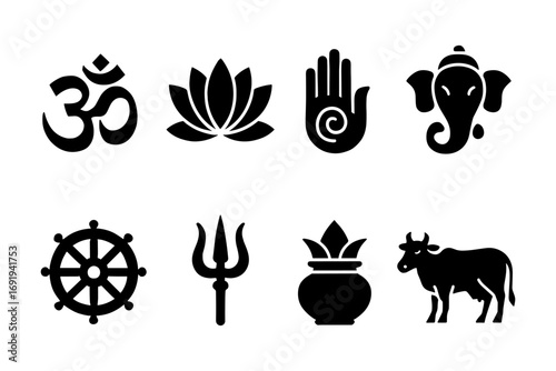 Collection of black hindu symbols: om, lotus, ganesha, trishula, and more in silhouette style