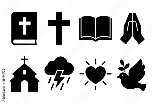 Set of religious symbols in minimalist flat style with bible, cross, church, and dove