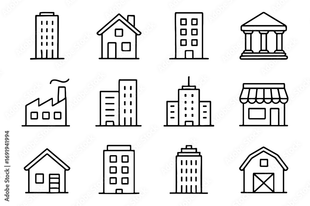 Fototapeta premium Linear building icons set: residential, commercial, industrial, and civic structures