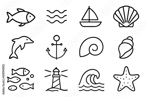 Nautical themed line art: marine icons including fish, waves, boat, and shells